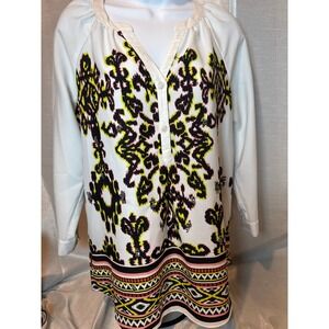 New Directions Weekend White Graphic Print Tunic Shirt Women's Size S Beaded